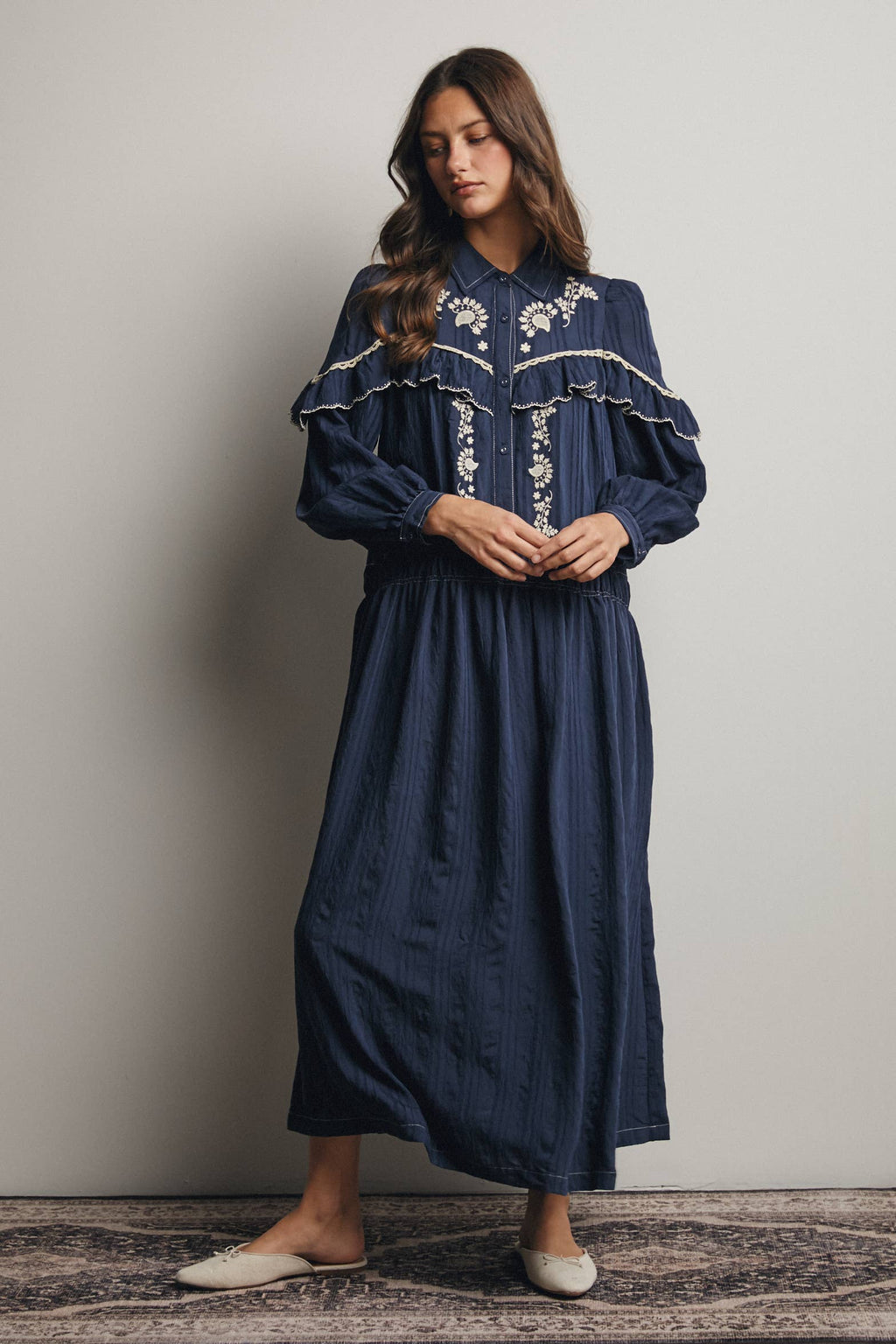 Embroidered Ruffle Trim Maxi Dress FD0018