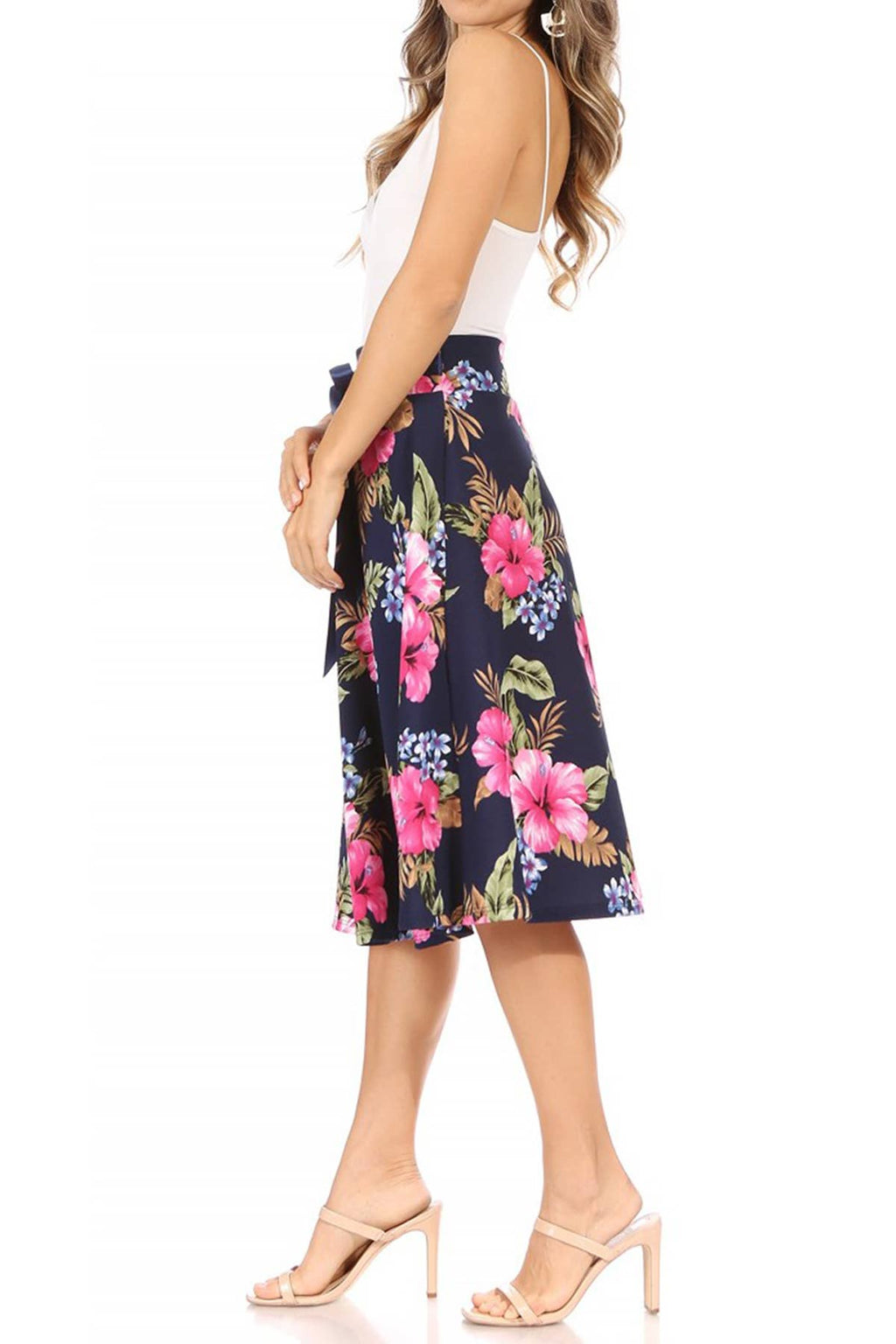 Women's Casual Floral Tie Belted Knee Length Midi Skirt