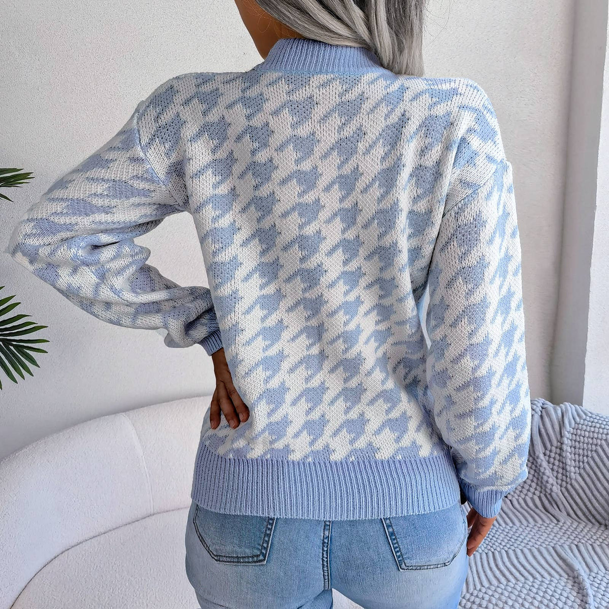 Casual houndstooth pullover knit sweater