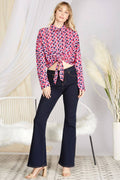 PINK GEO PRINT LONG SLEEVES FRONT-TIE WOVEN TOP SKSY2546