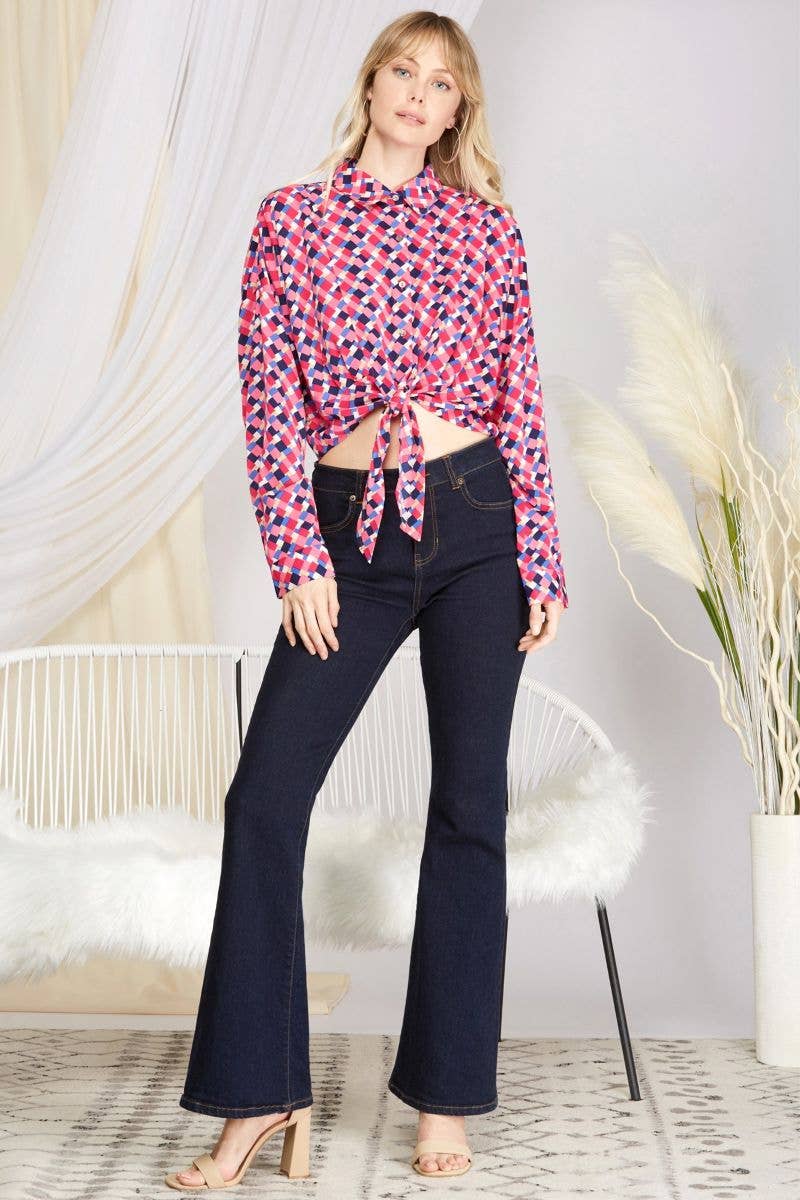 PINK GEO PRINT LONG SLEEVES FRONT-TIE WOVEN TOP SKSY2546