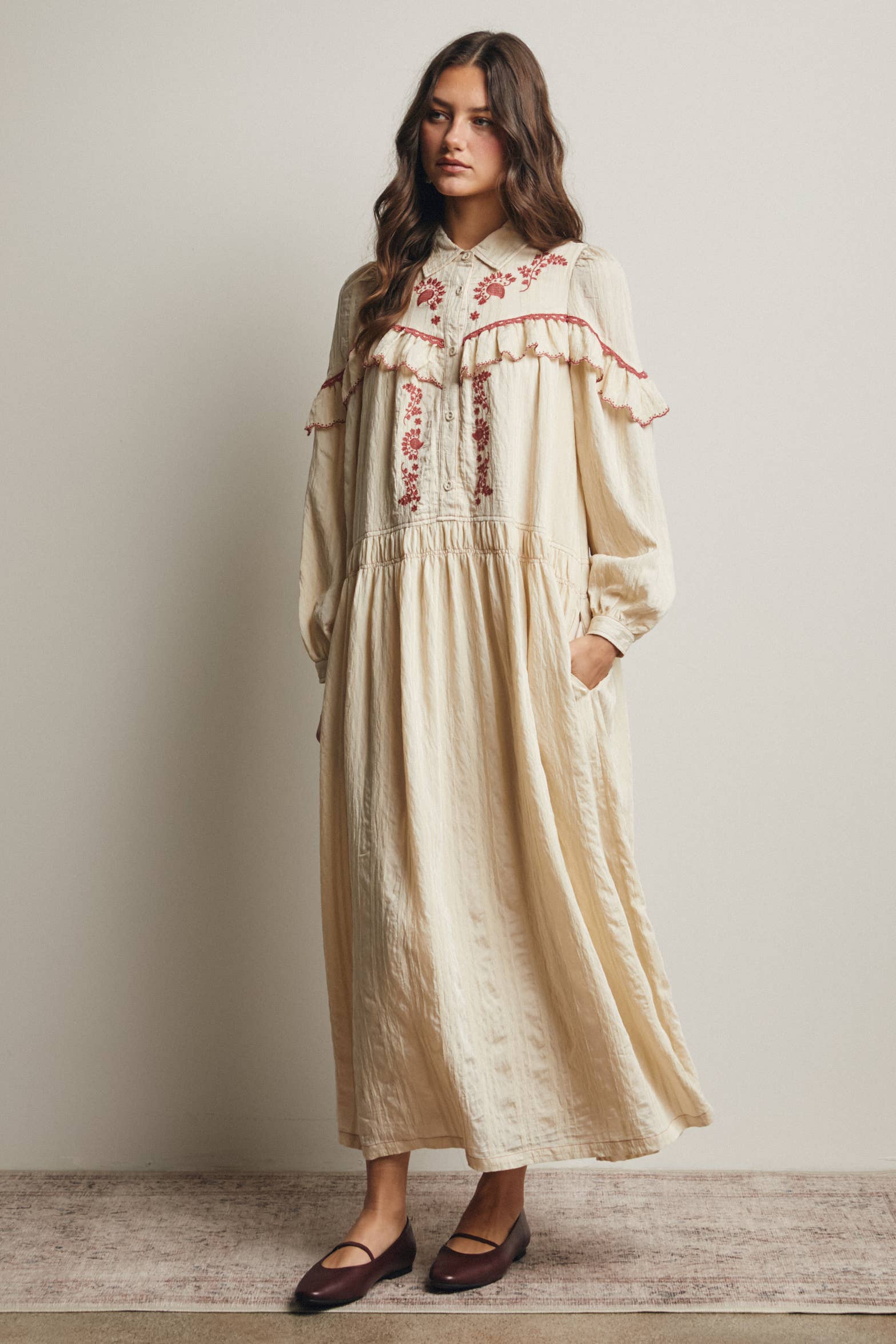Embroidered Ruffle Trim Maxi Dress FD0018