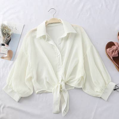 Bat Wing Cropped Casual Chiffon Women Solid Color Shirt