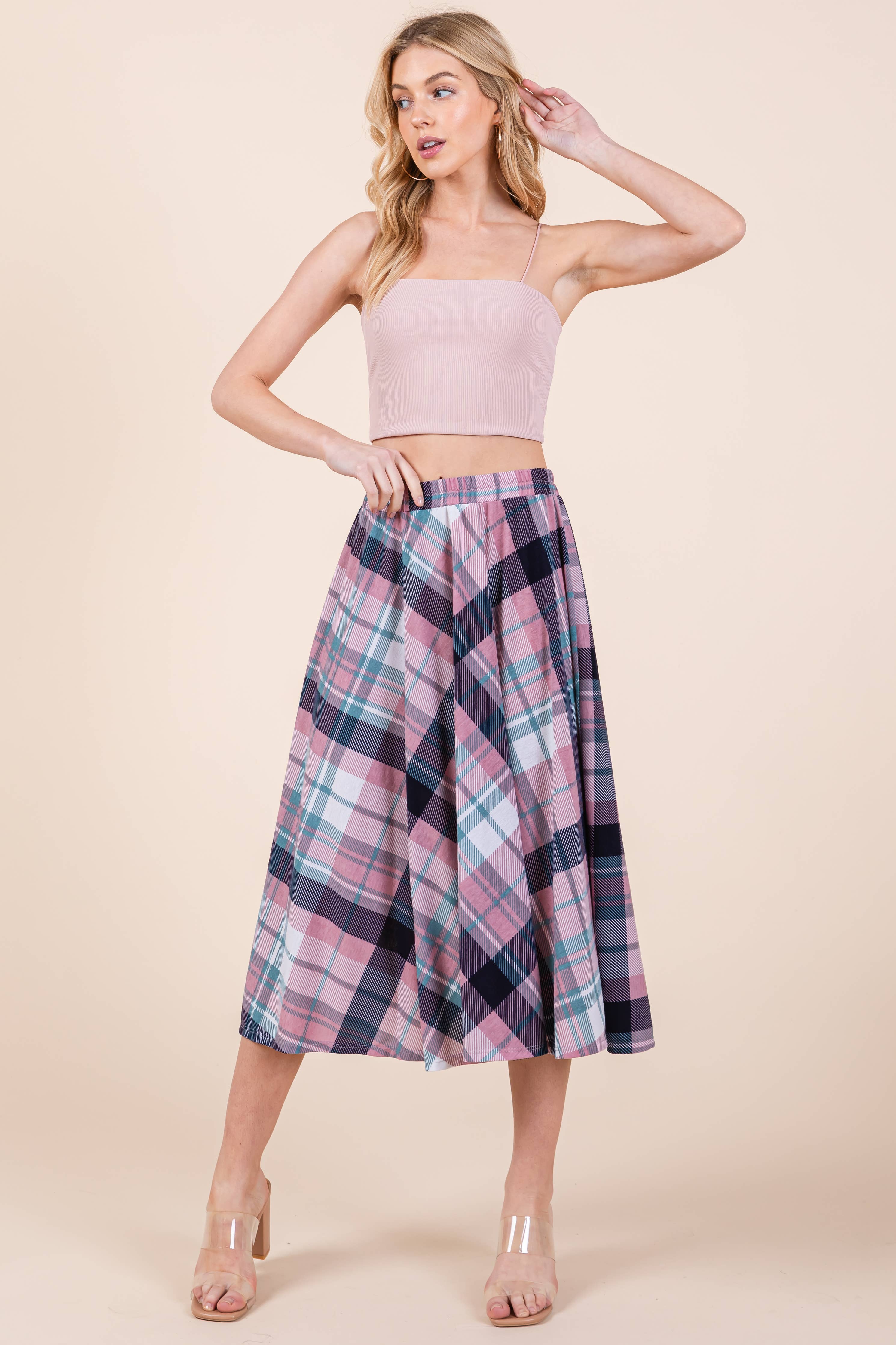 ETS-423AB Plaid T/R Span Midi Skirt