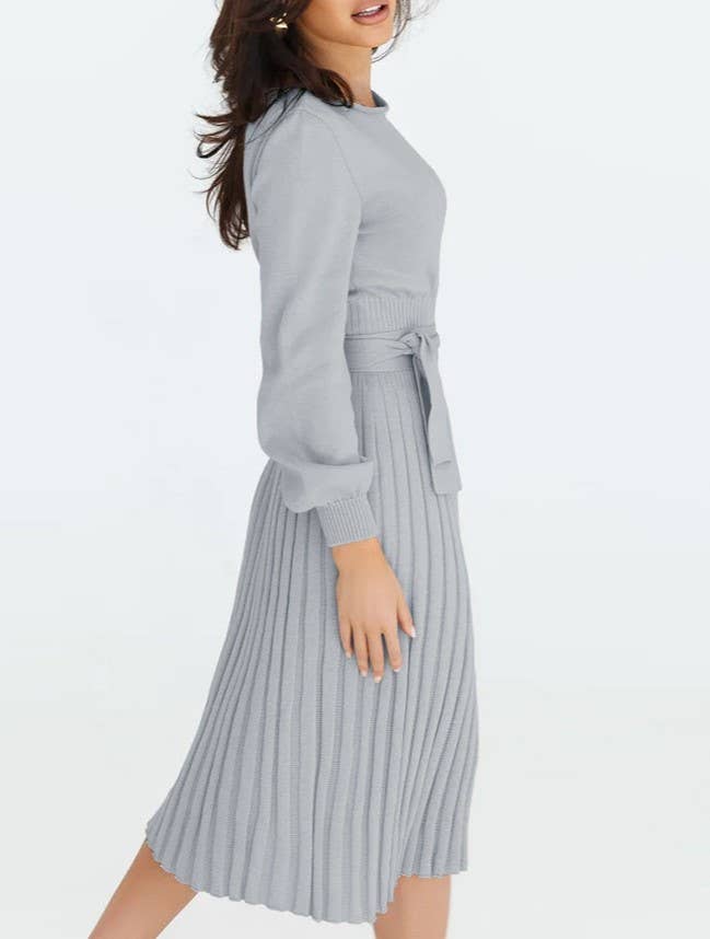 Round-Neck Pleated Midi Sweater Knit Dress