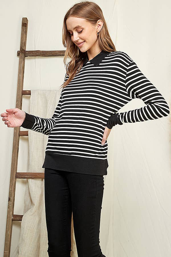 CAY1242LS - STRIPE SWEATSHIRT TOP WITH COLLAR