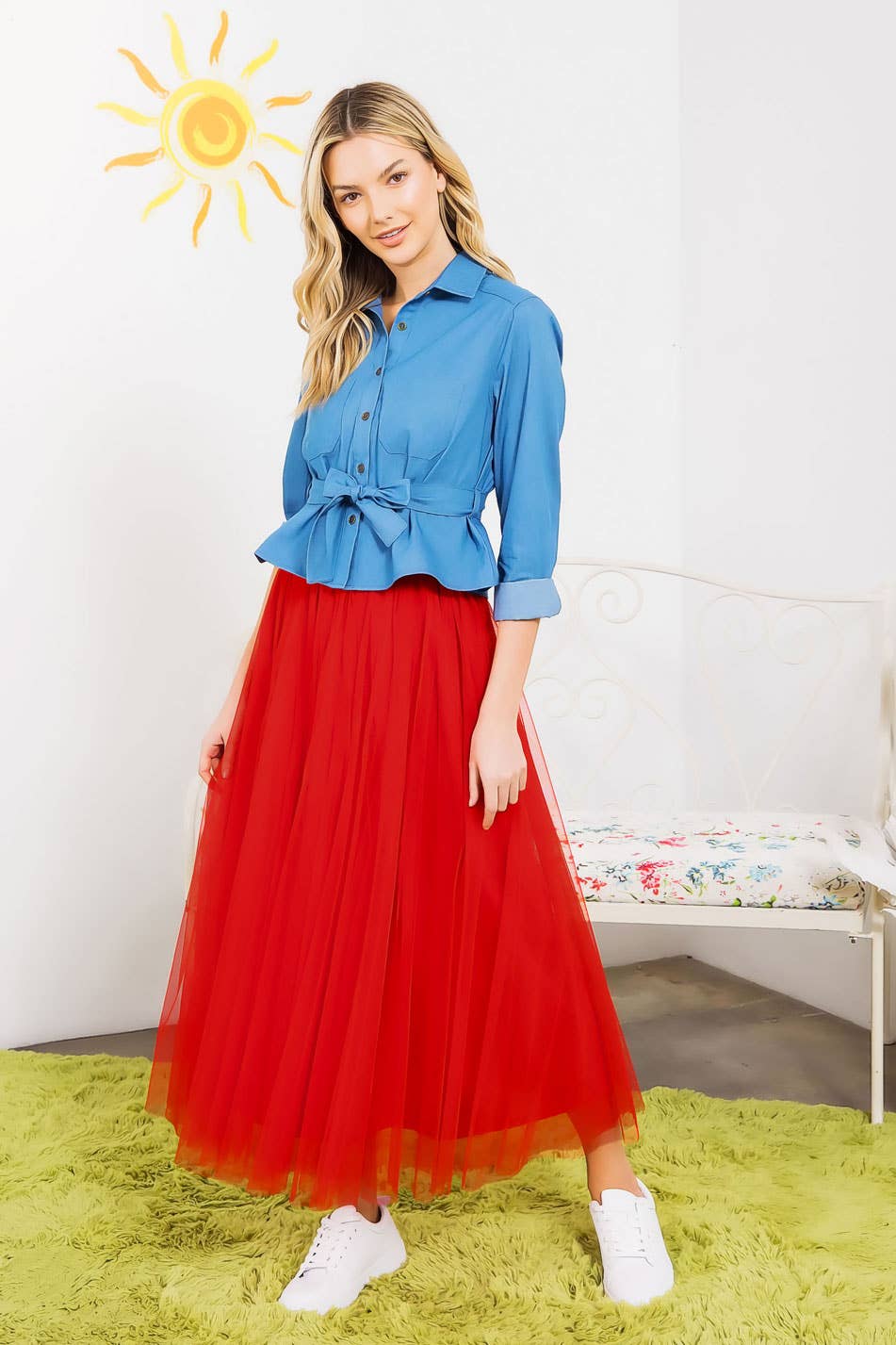 CHAMBRAY DENIM BUTTON DOWN TOP WITH BELT TIE