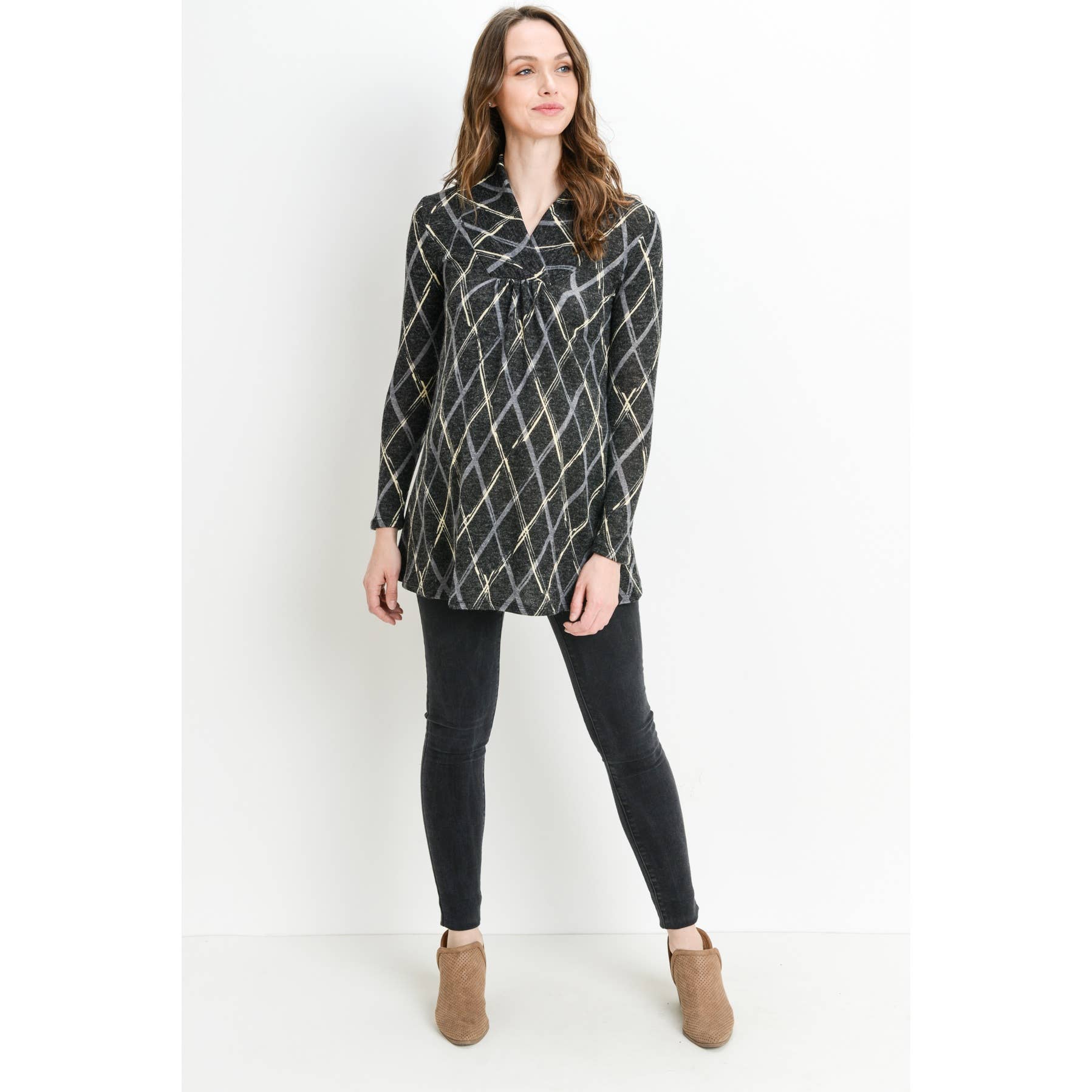 Plaid Shawl Collar Maternity Knit Tunic Sweater