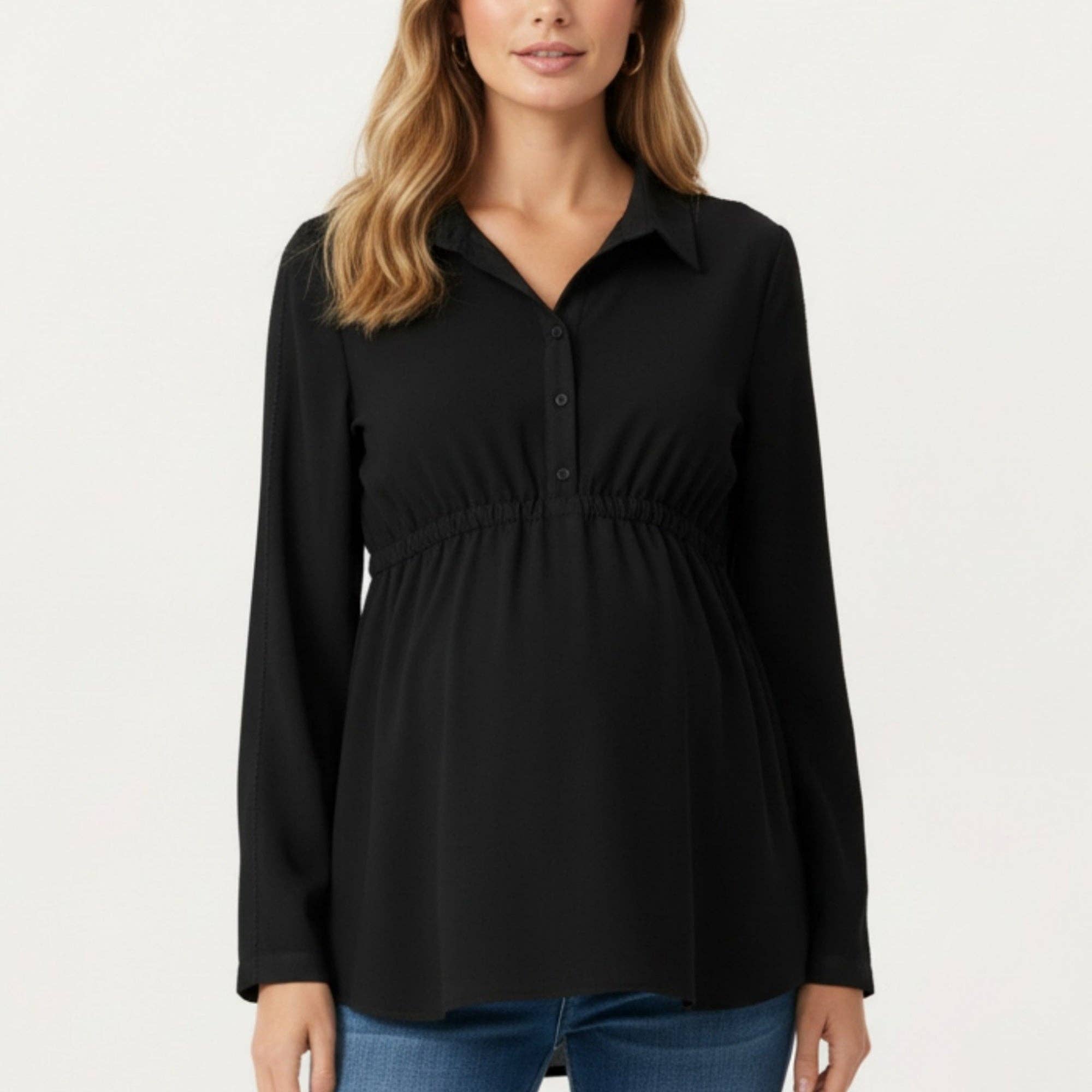 Maternity Long Sleeve Top with Collared Neckline Elastic Emp