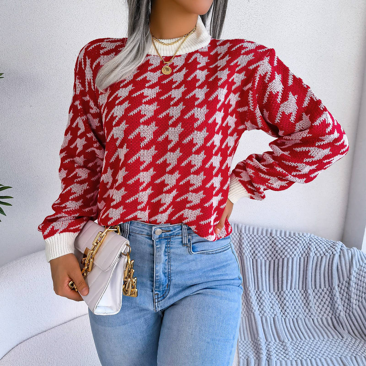 Casual houndstooth pullover knit sweater