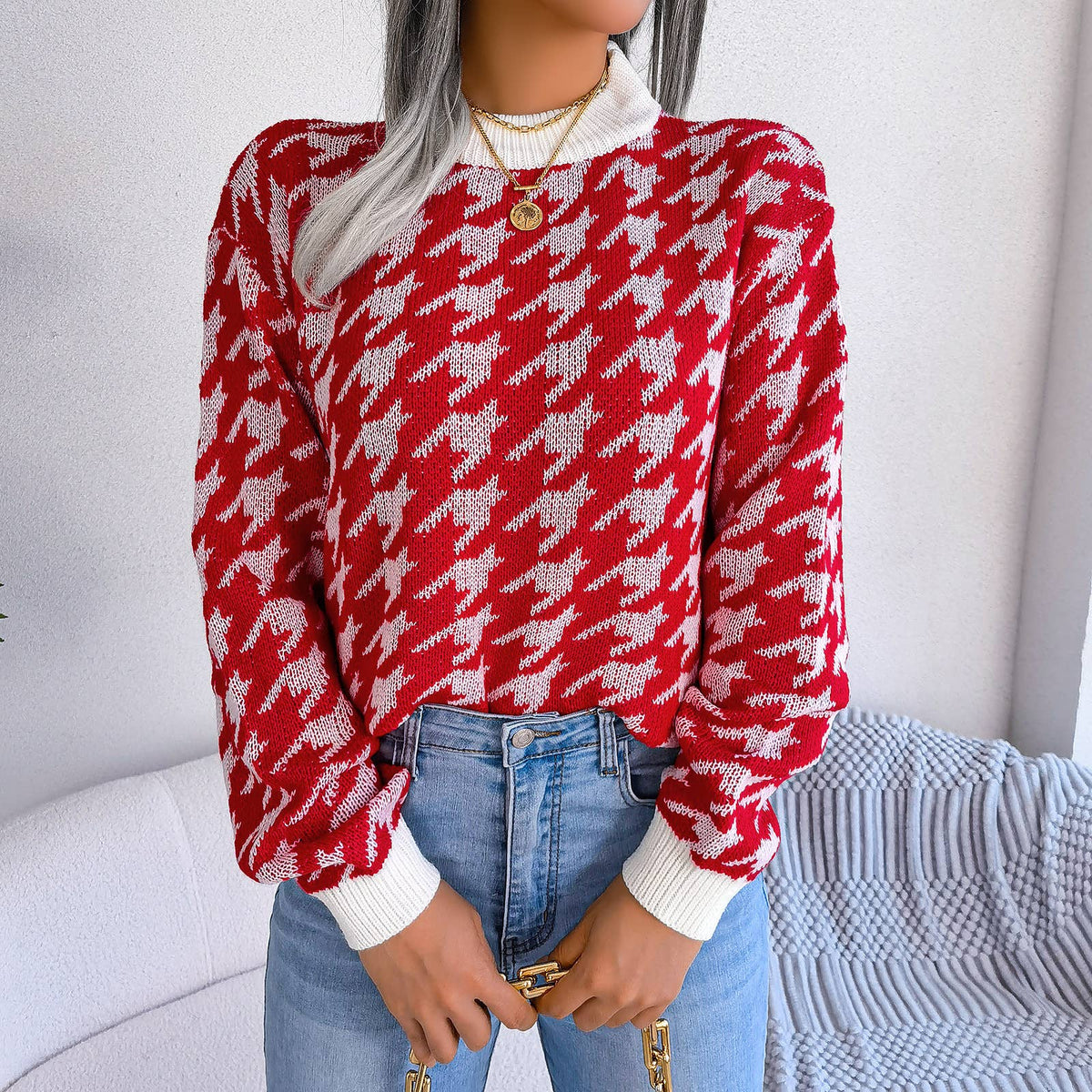 Casual houndstooth pullover knit sweater