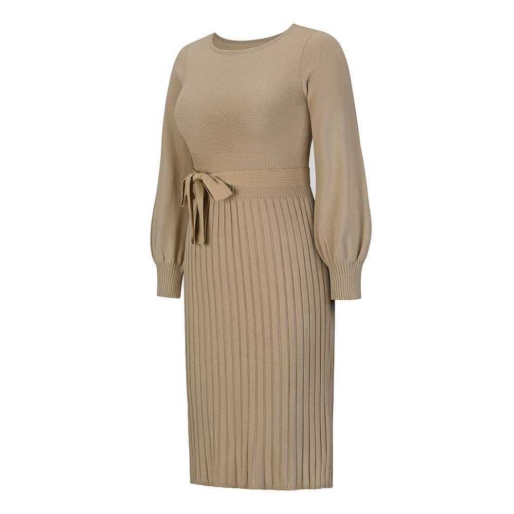 Round-Neck Pleated Midi Sweater Knit Dress