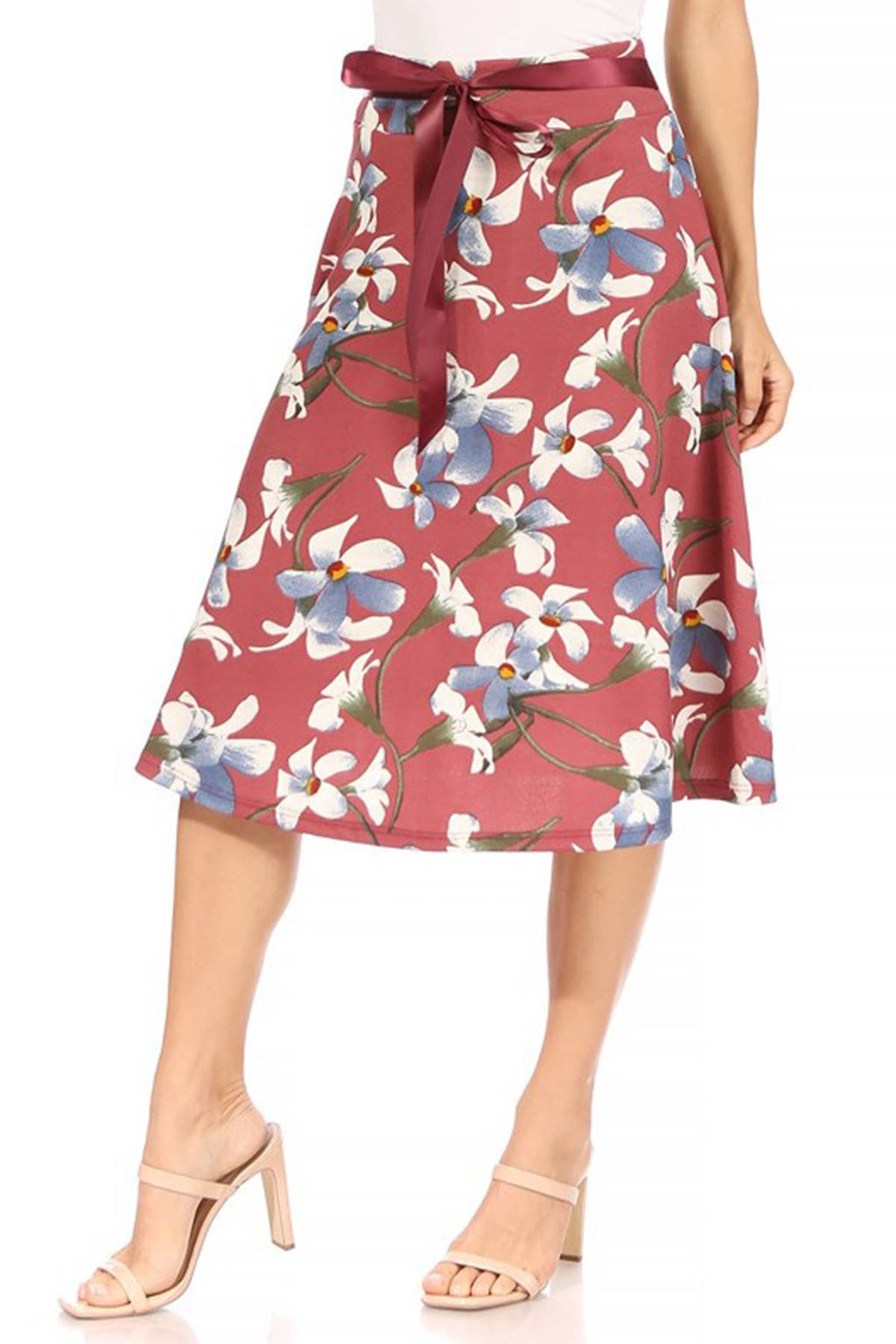 Women's Casual Floral Tie Belted Knee Length Midi Skirt