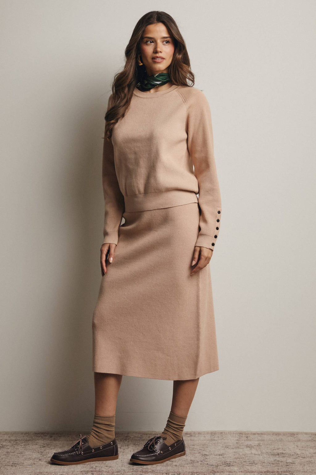 Ribbed Cuff Sweater & Midi Skirt Knit Set FWSET001