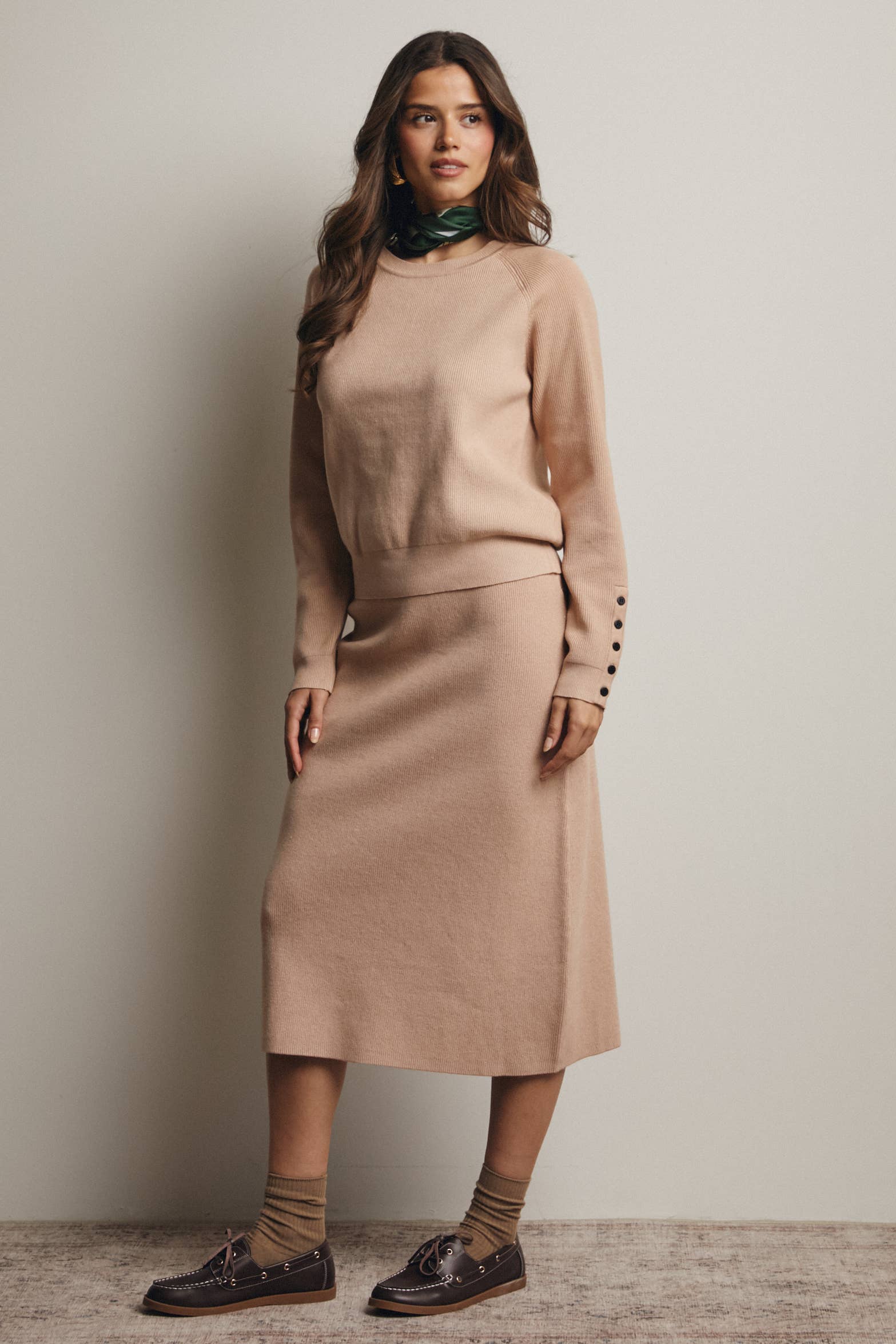 Ribbed Cuff Sweater & Midi Skirt Knit Set FWSET001
