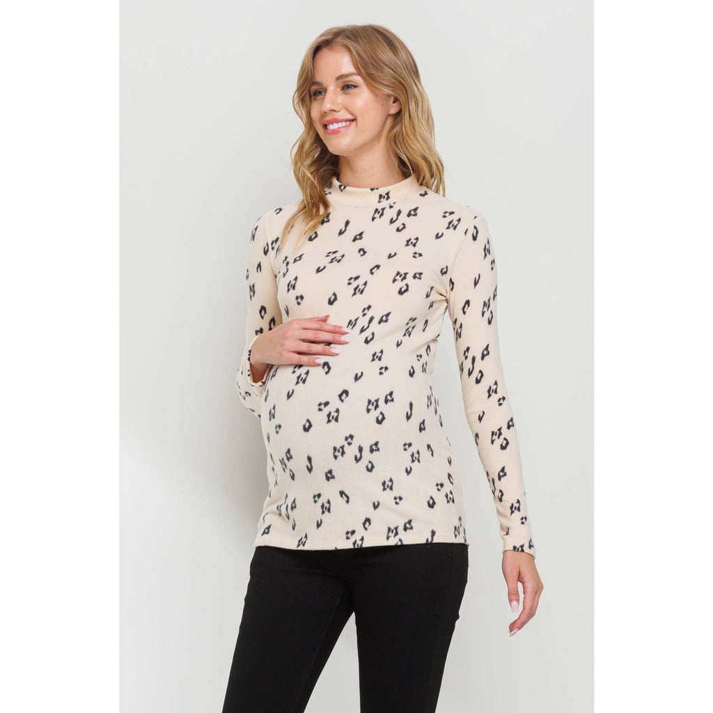 Animal Print Mock Neck Long Sleeve Maternity Top