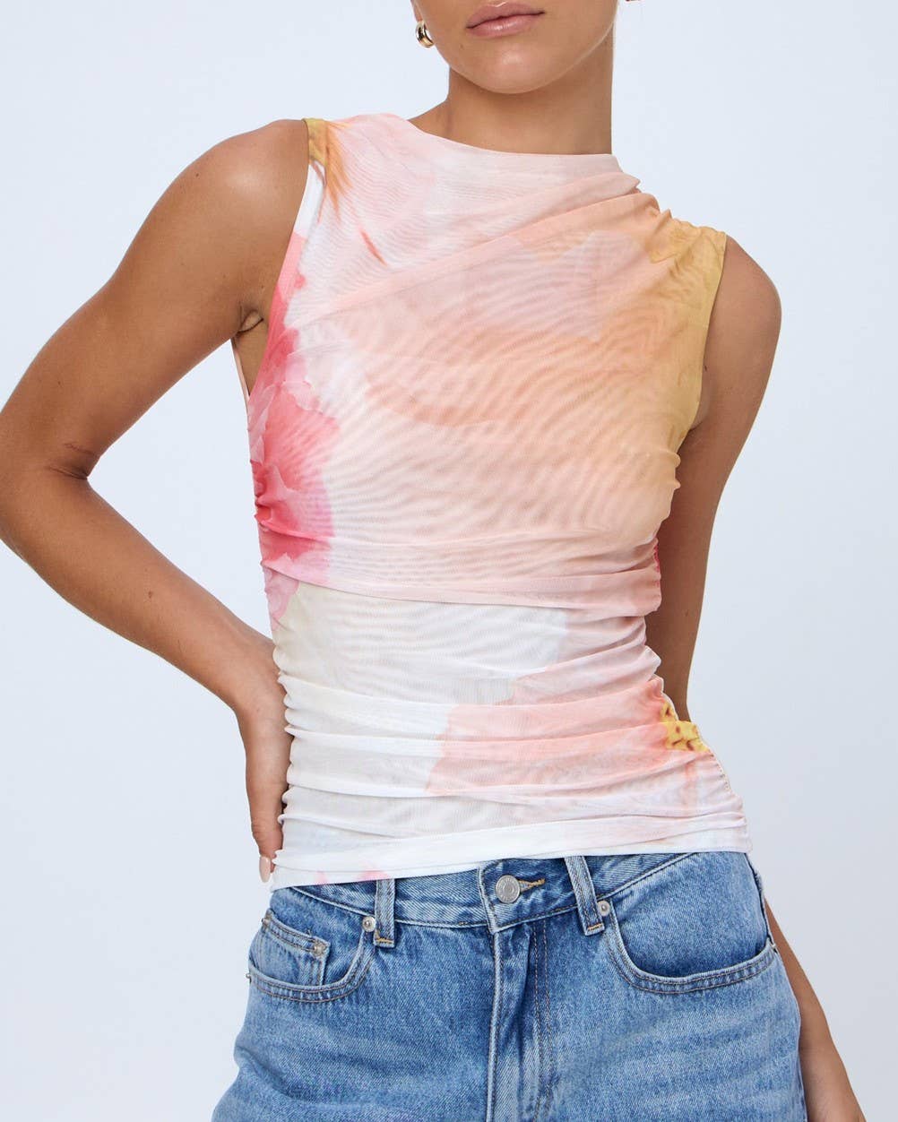 Chic Floral Printed Pleated Slim Mesh Top