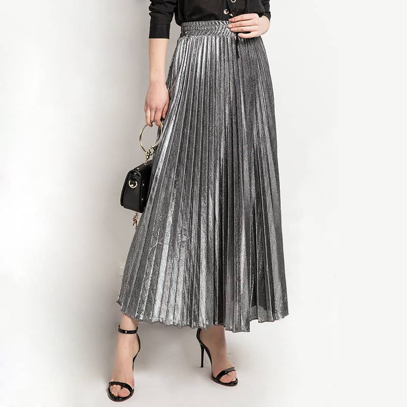 Metallic Elastic waist pleated skirt