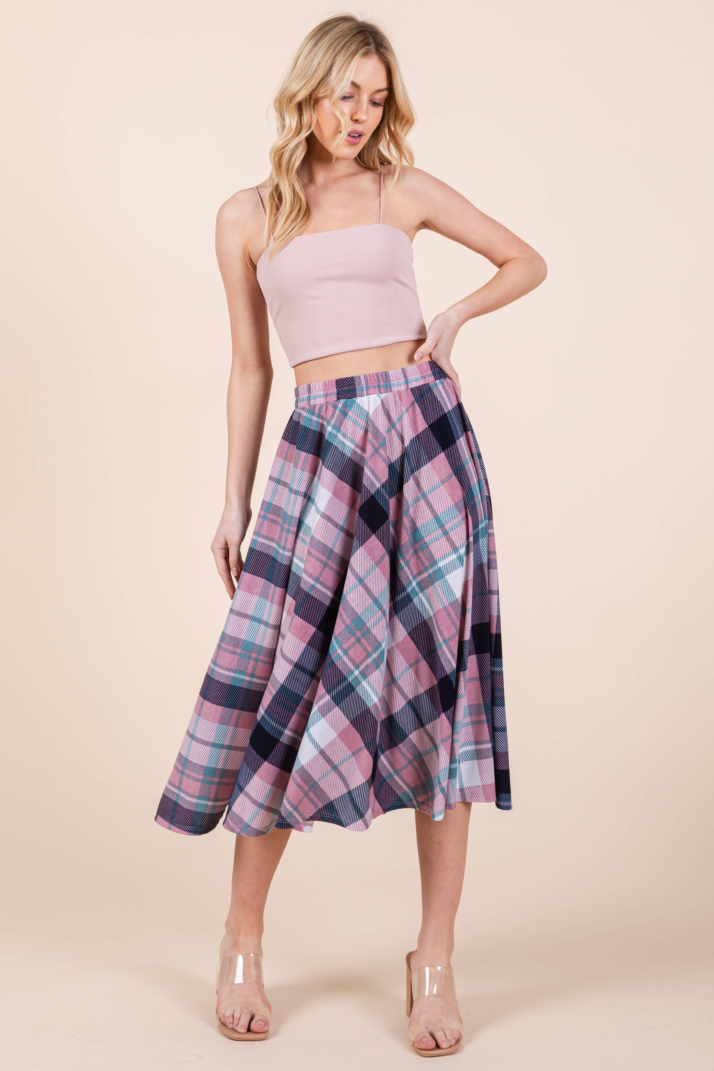 ETS-423AB Plaid T/R Span Midi Skirt