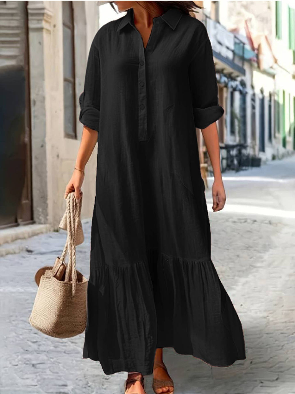 Long-sleeved button loose maxi dress