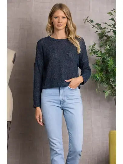 NAVY CREW NECK CABLE KNIT LONG SLEEVES TOP K5704
