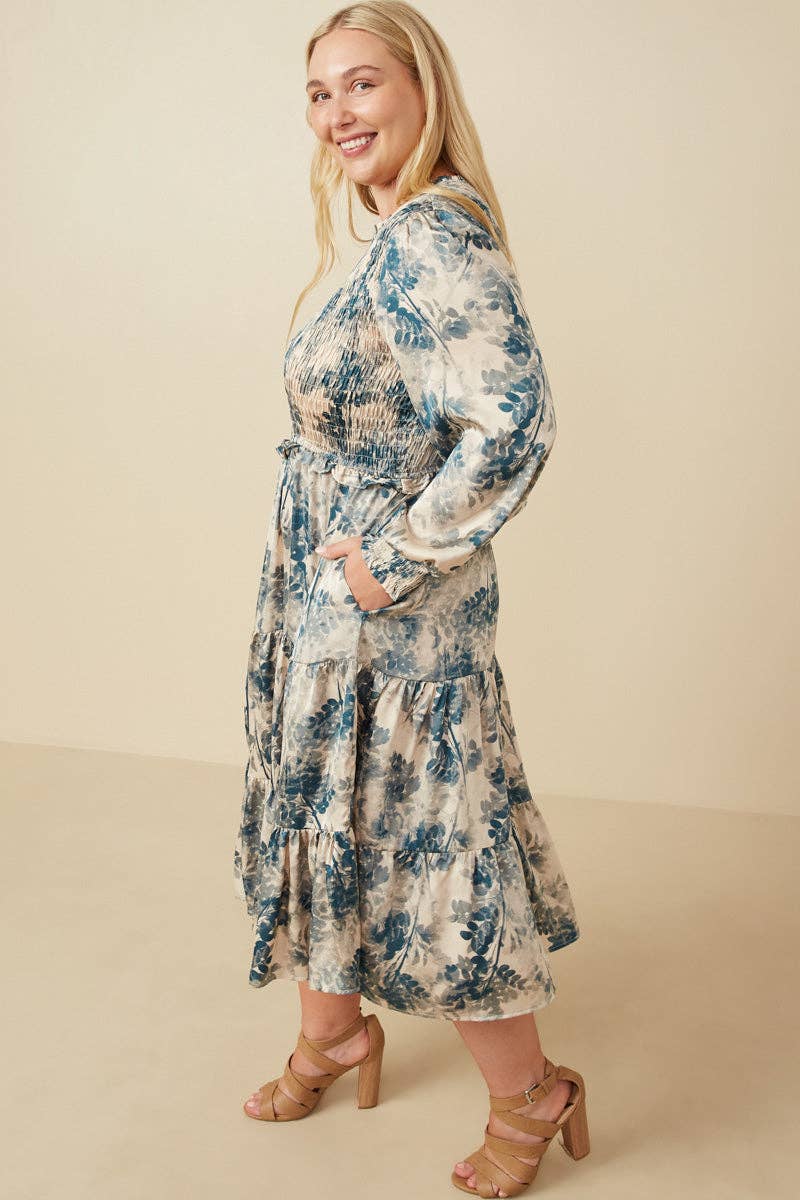 Womens Botanical Print Smocked Bodice Satin Dress