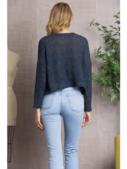 NAVY CREW NECK CABLE KNIT LONG SLEEVES TOP K5704