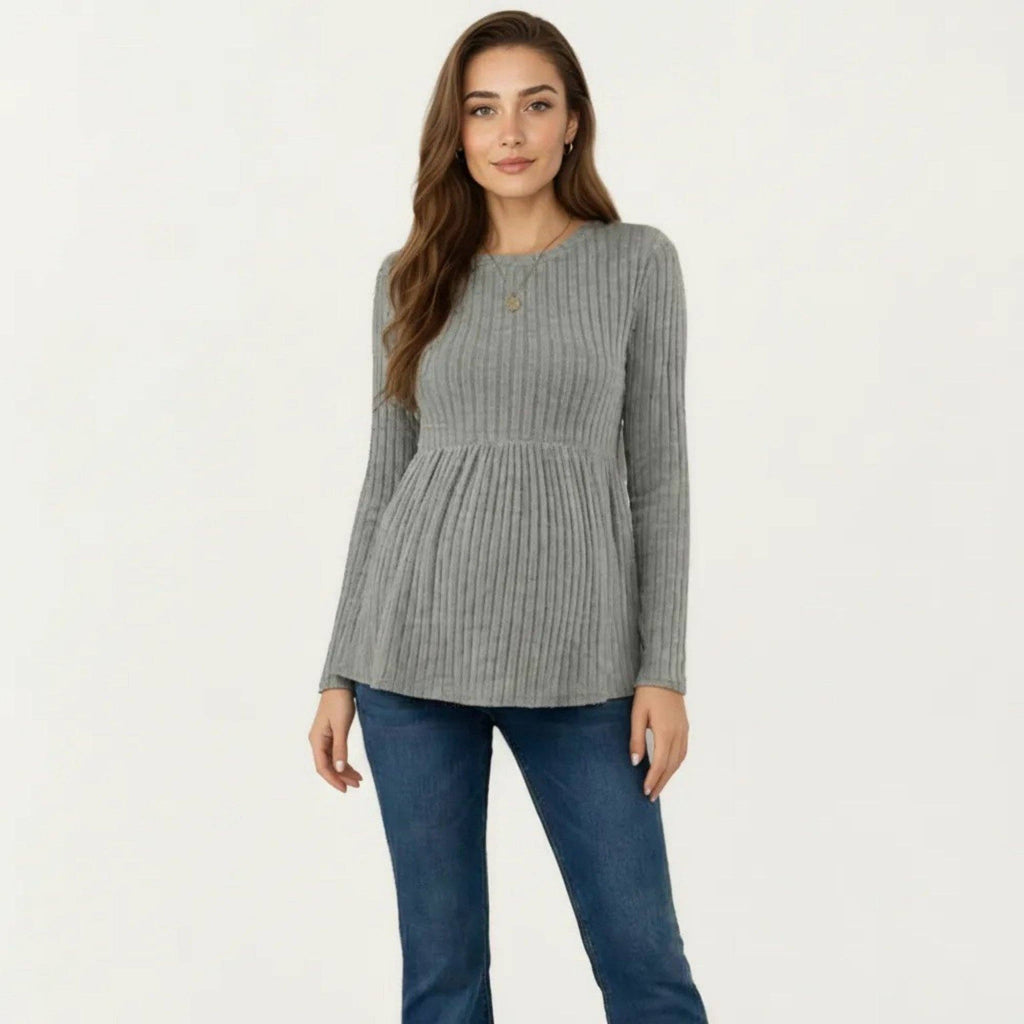 Maternity Long Sleeve Ribbed Knit Top with Crew Neck and Empire Waist
