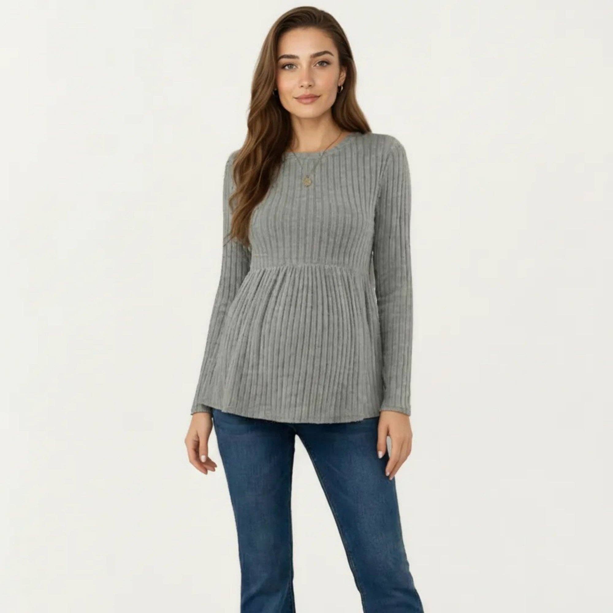 Maternity Long Sleeve Ribbed Knit Top with Crew Neck and Empire Waist