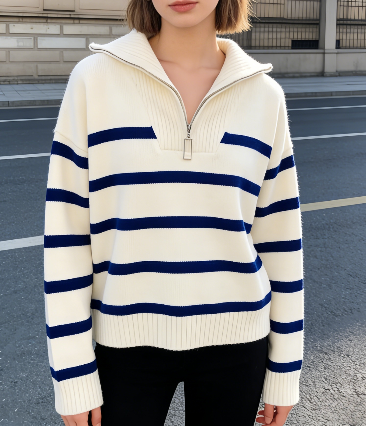 Half zip knit sweatshirt striped sweater