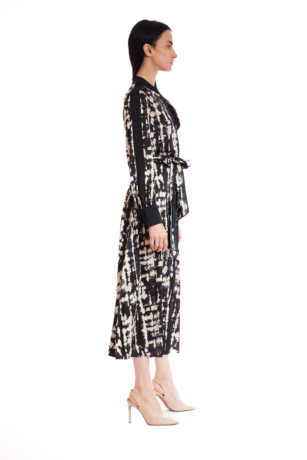 LONG SLEEVE MIX MEDIA SHIRTDRESS W/ MOCK COLLAR