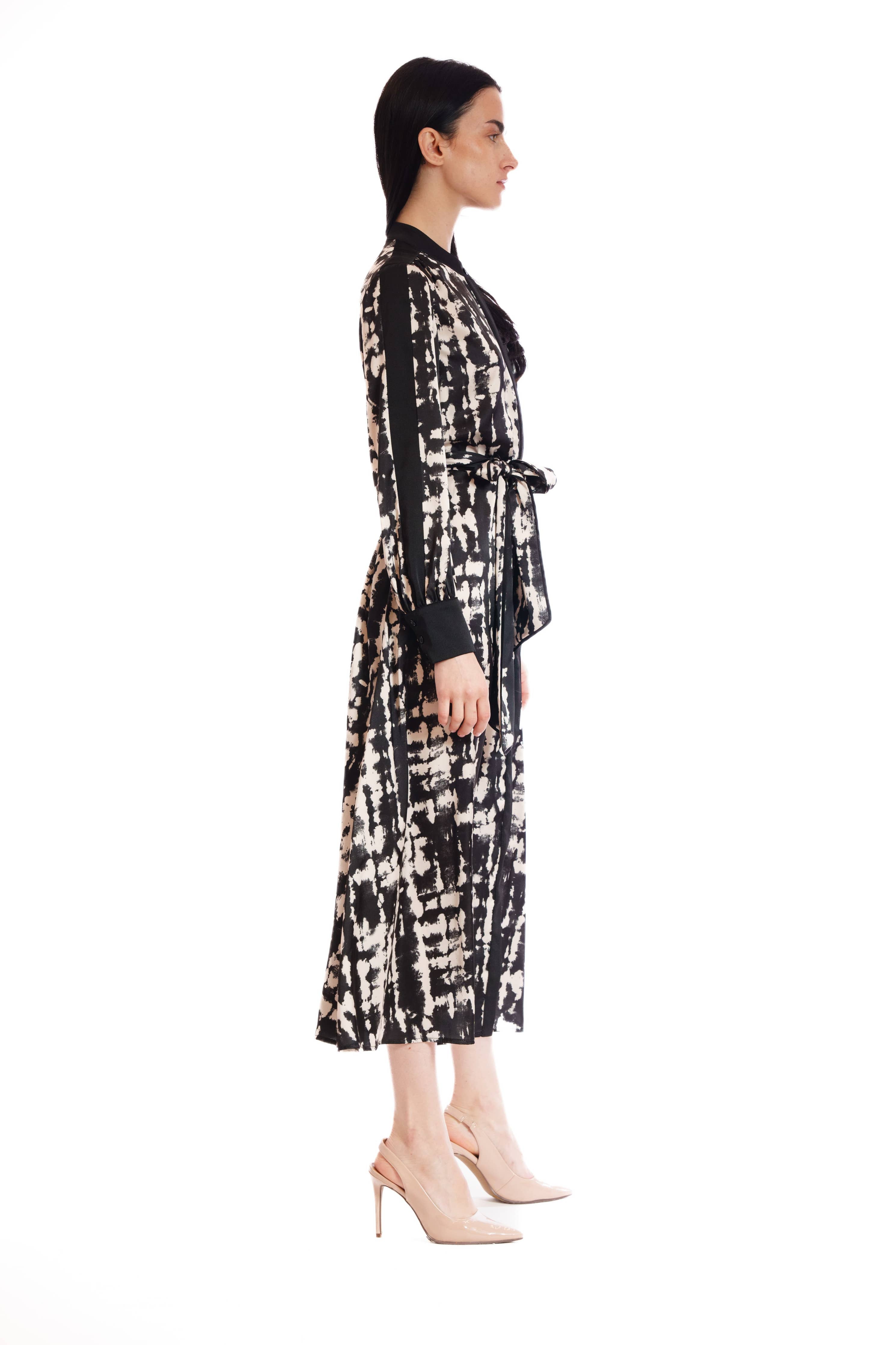 LONG SLEEVE MIX MEDIA SHIRTDRESS W/ MOCK COLLAR