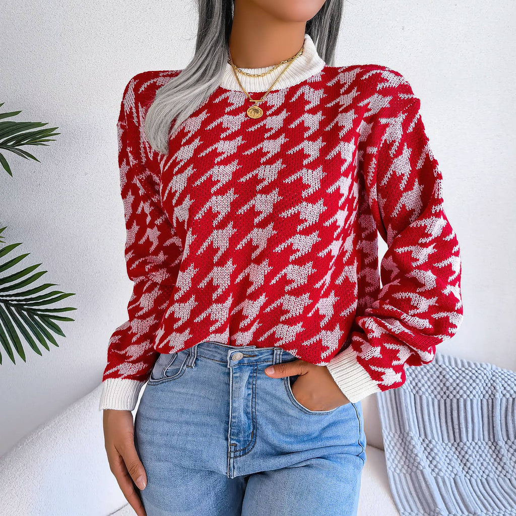 Casual houndstooth pullover knit sweater