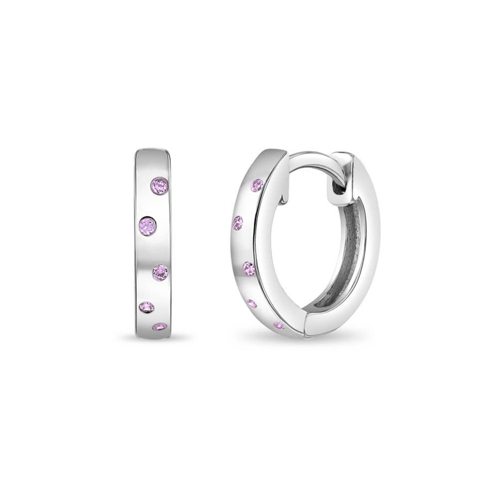 Staggered CZ Gems 9mm Girls Earrings Hoop - Sterling Silver