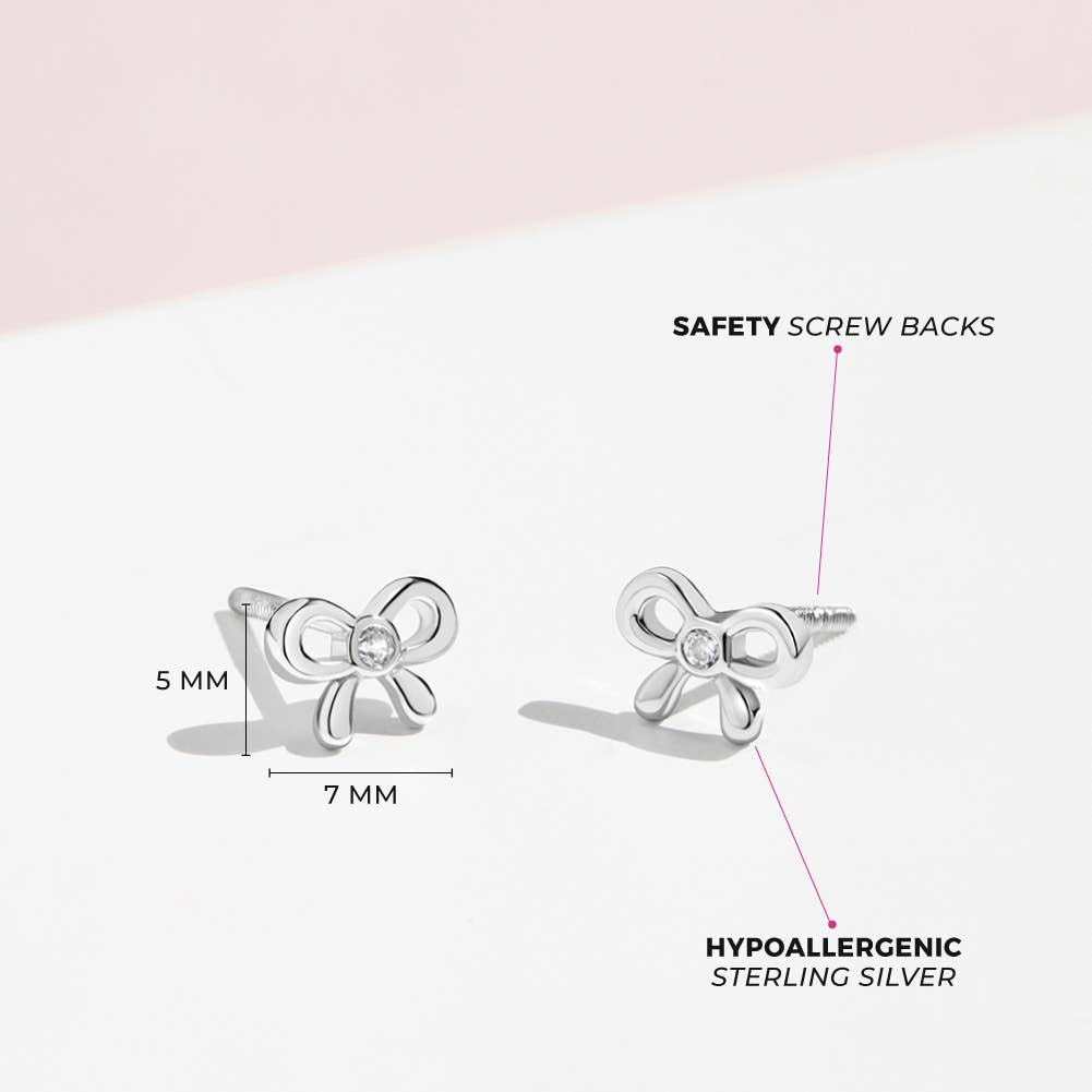 Delicate CZ Bow Baby Toddler Kids Earrings - Sterling Silver