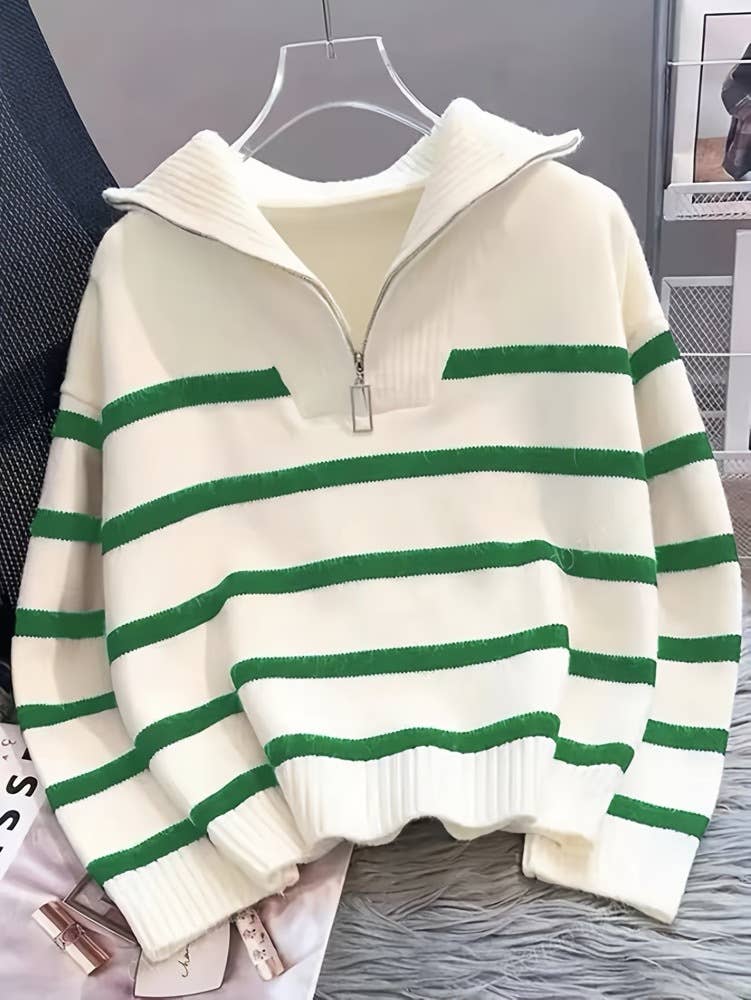 Half zip knit sweatshirt striped sweater