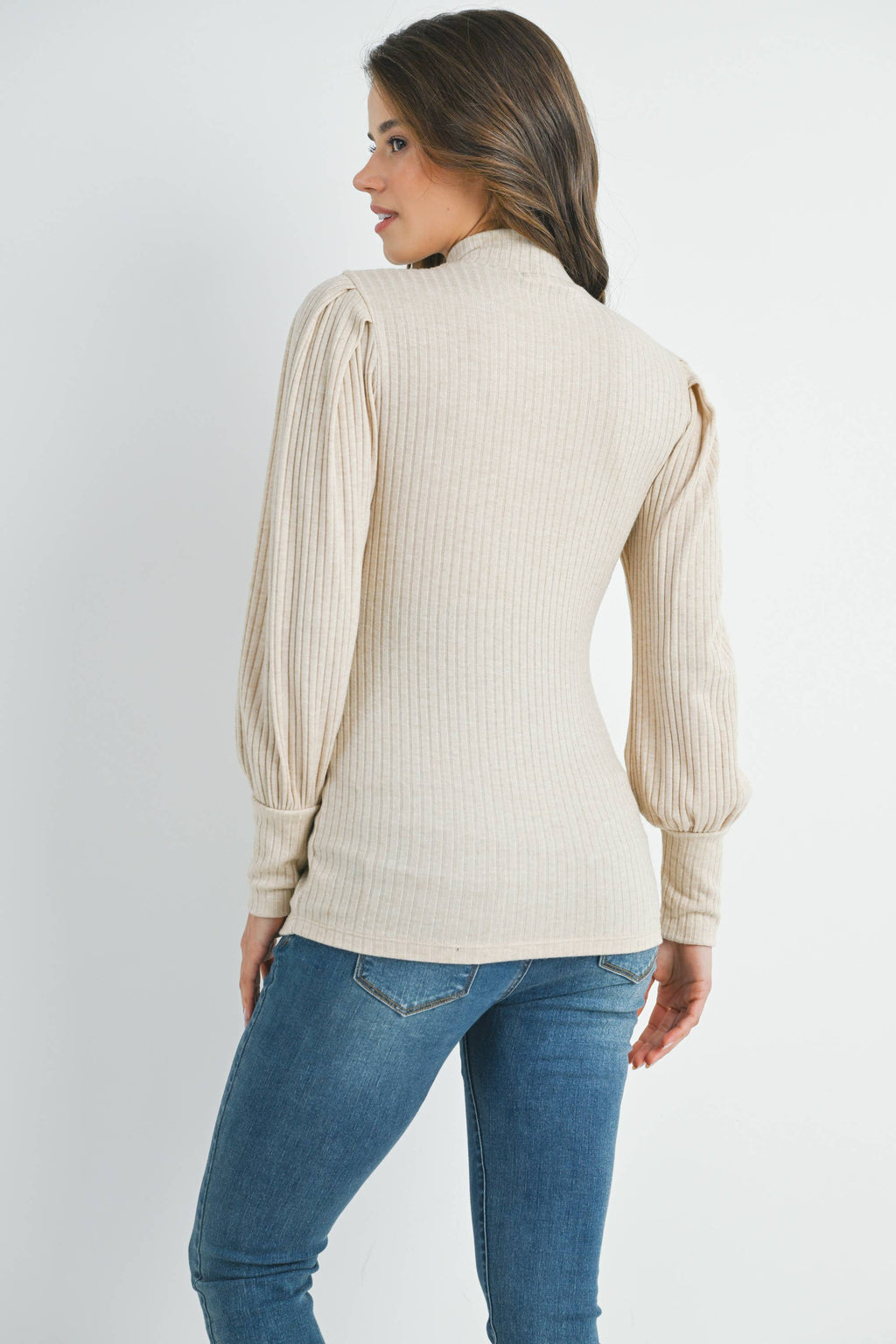 Ribbed Mock Neck Puff Sleeve Maternity Top