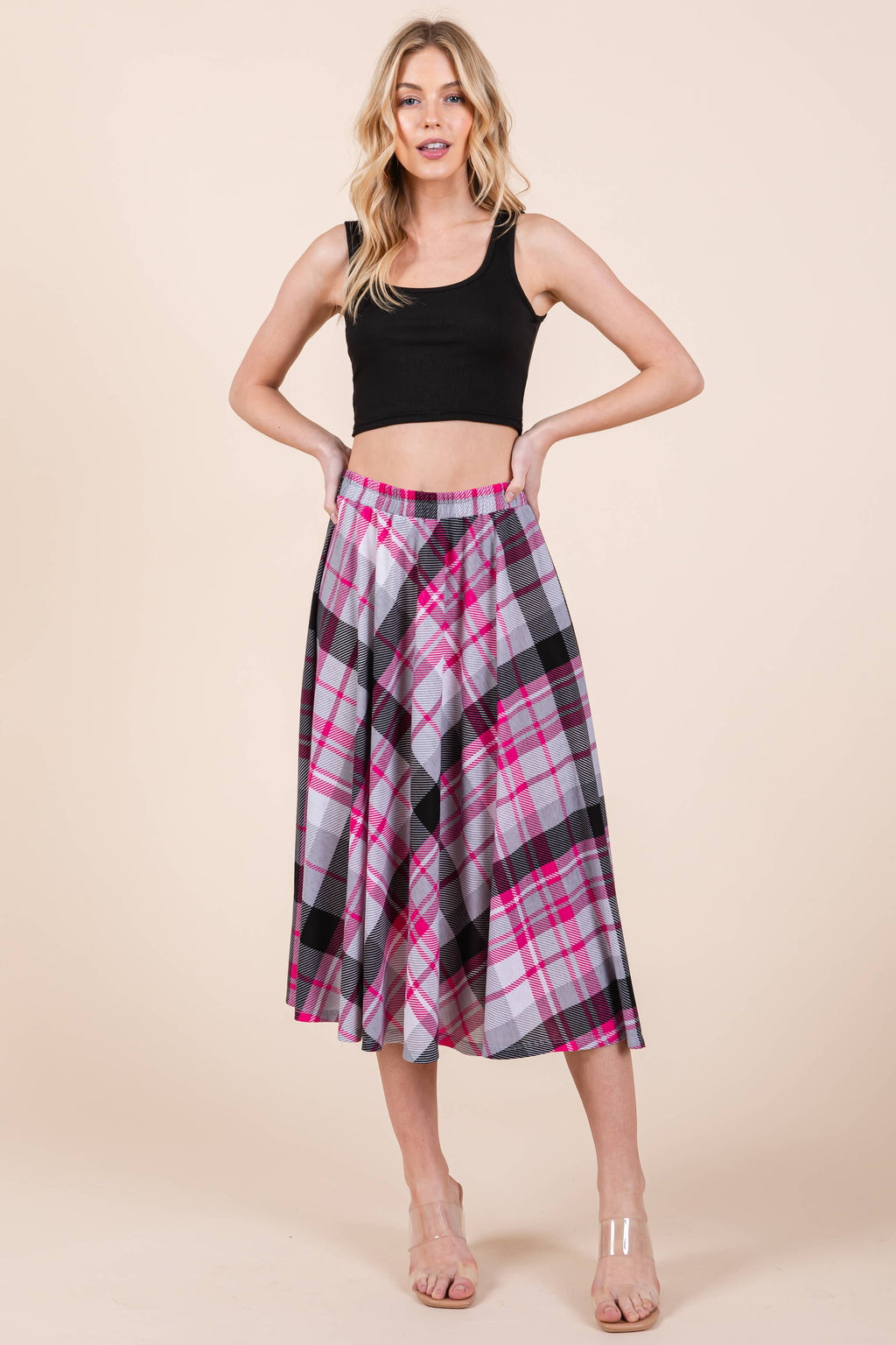 ETS-423AB Plaid T/R Span Midi Skirt