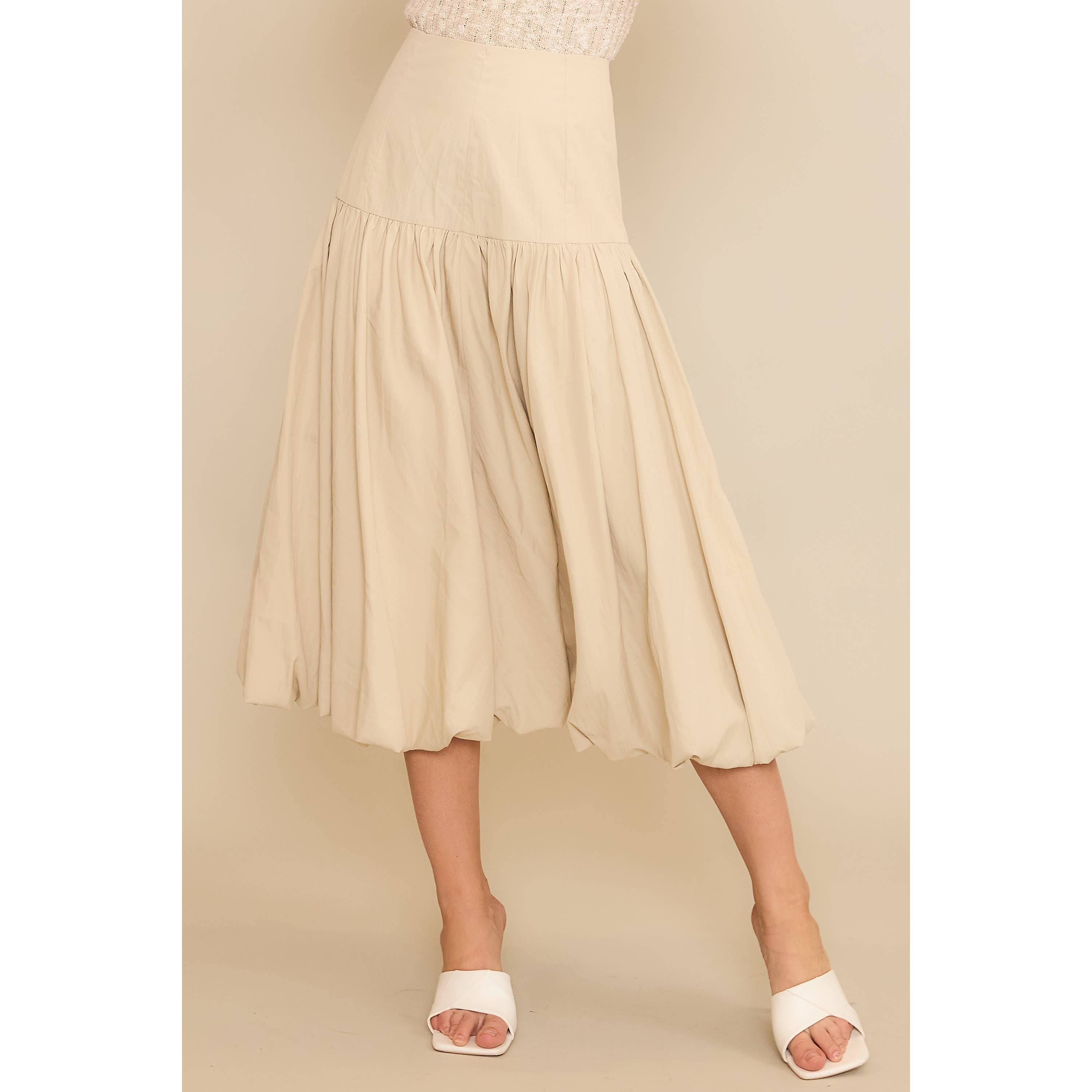 SOFT WOVEN SOLID BUBBLE BALLON MIDI SKIRT - Beige