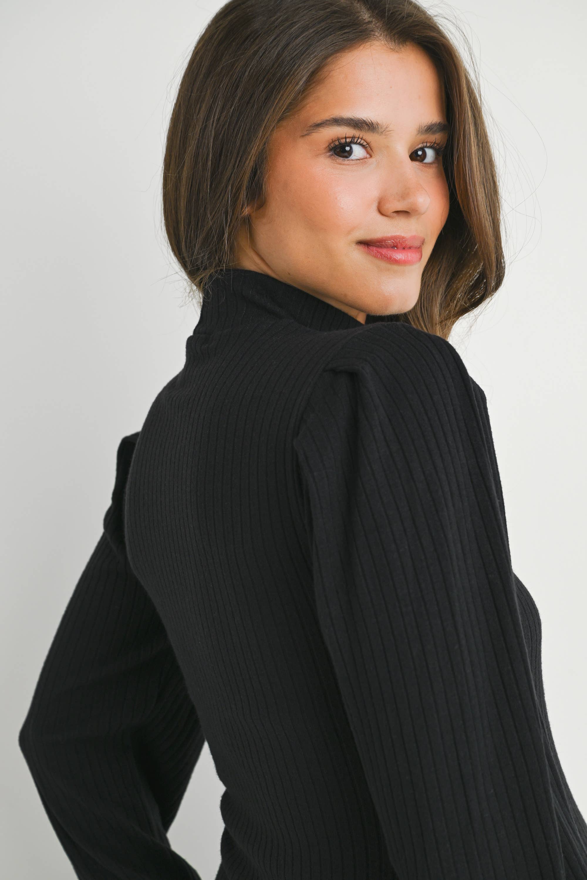Ribbed Mock Neck Puff Sleeve Maternity Top