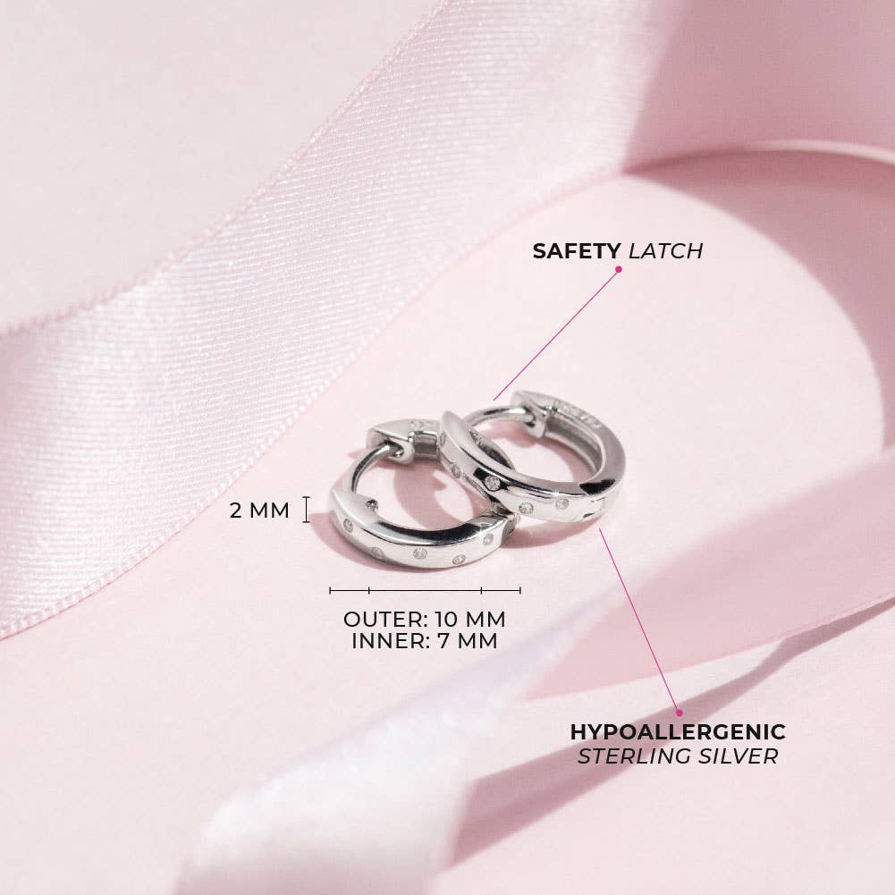 Staggered CZ Gems 9mm Girls Earrings Hoop - Sterling Silver