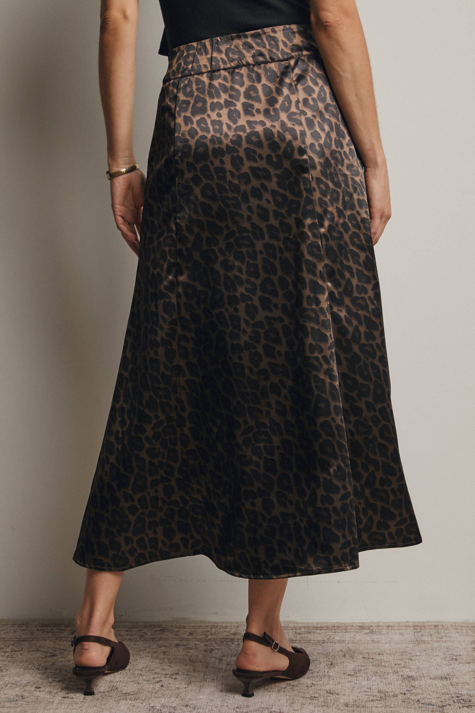 Leopard Print Satin Midi Skirt
