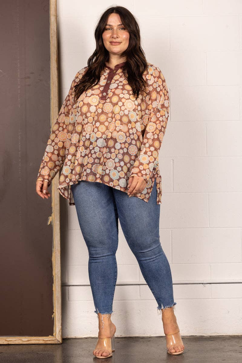 BROWN MANDARIN COLLAR FLORAL PRINT PLUS SIZE TOP T7538