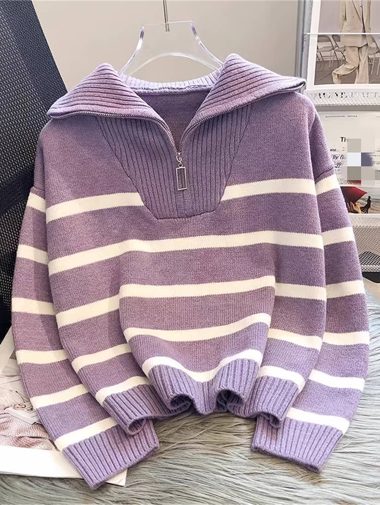 Half zip knit sweatshirt striped sweater