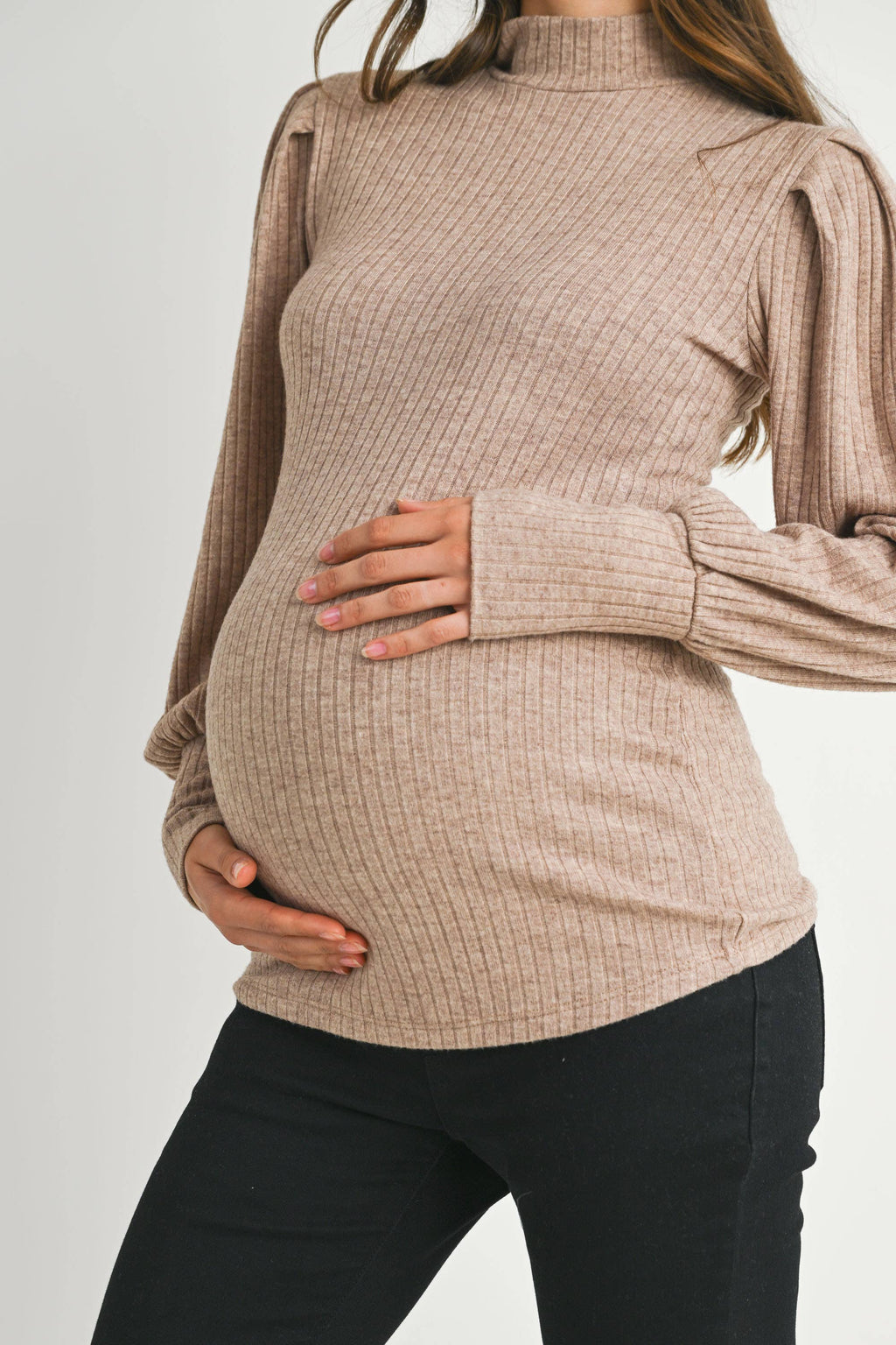 Ribbed Mock Neck Puff Sleeve Maternity Top