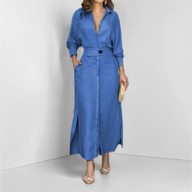 Elegant Button Down Long Sleeve Maxi Dress Casual Chic Style