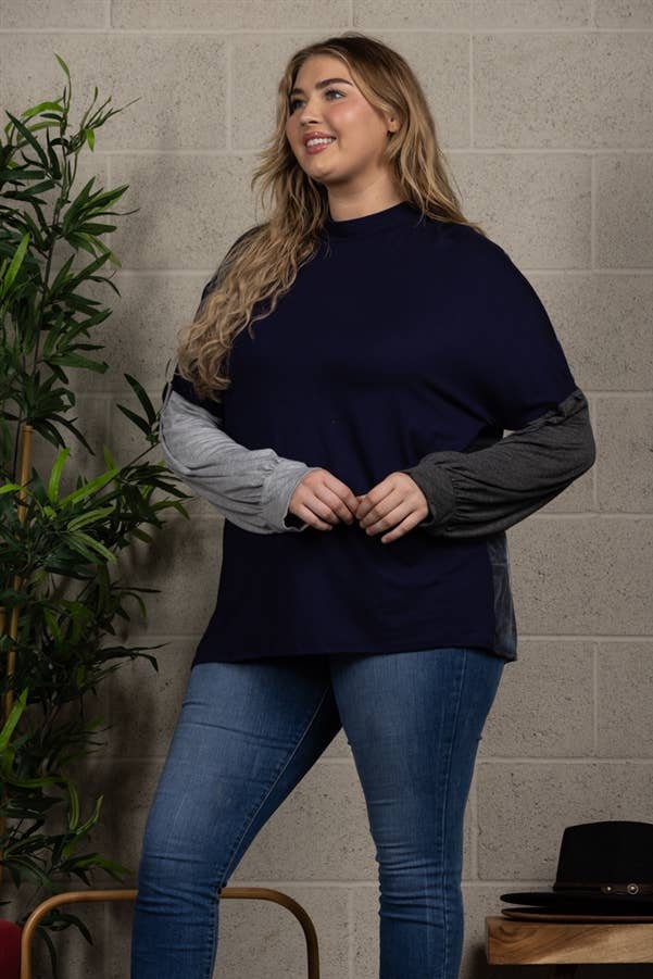 NAVY MULTI PATTERN TURTLENECK LONG SLEEVES TOP PLUS SIZE CT4