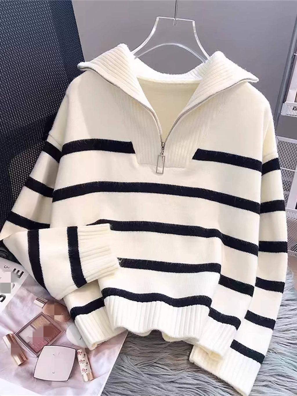 Half zip knit sweatshirt striped sweater