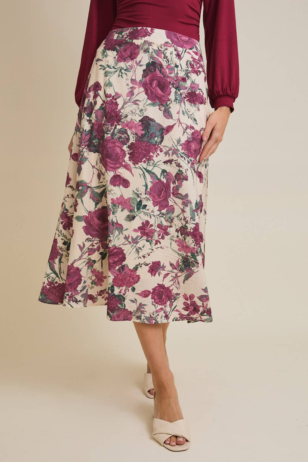 FLARE HEM FLORAL MIDI SKIRT