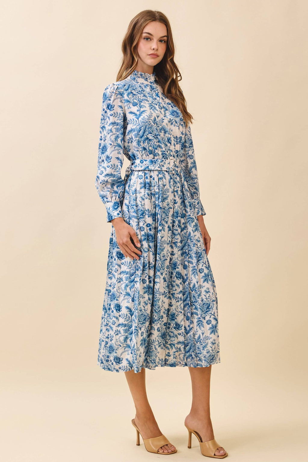 Floral Print High Ruffled Neckline Midi Dress